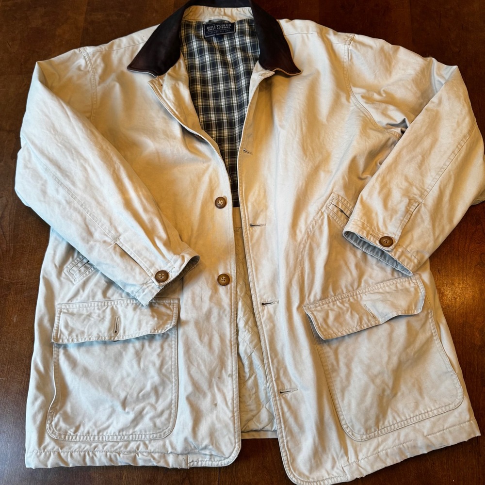 Britches Great Outdoors Barn Coat Men XL Beige Canvas Plaid Lined Field Jacket